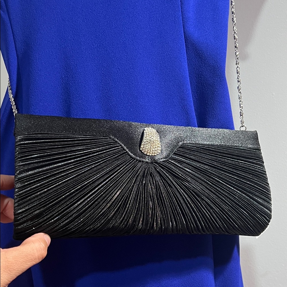 Bijoux Terner Black Pleated Clutch with Rhinestone Detail